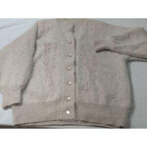 Vtg Venesha Angora Sweater Cardigan Large Pink Fuzzy Pearl Beaded Oversized